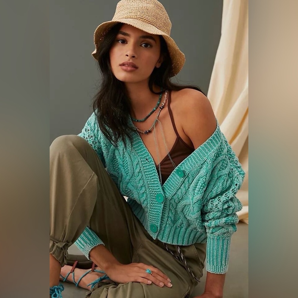 Anthropologie PILCRO Teal Cropped Cable Knit Cardigan